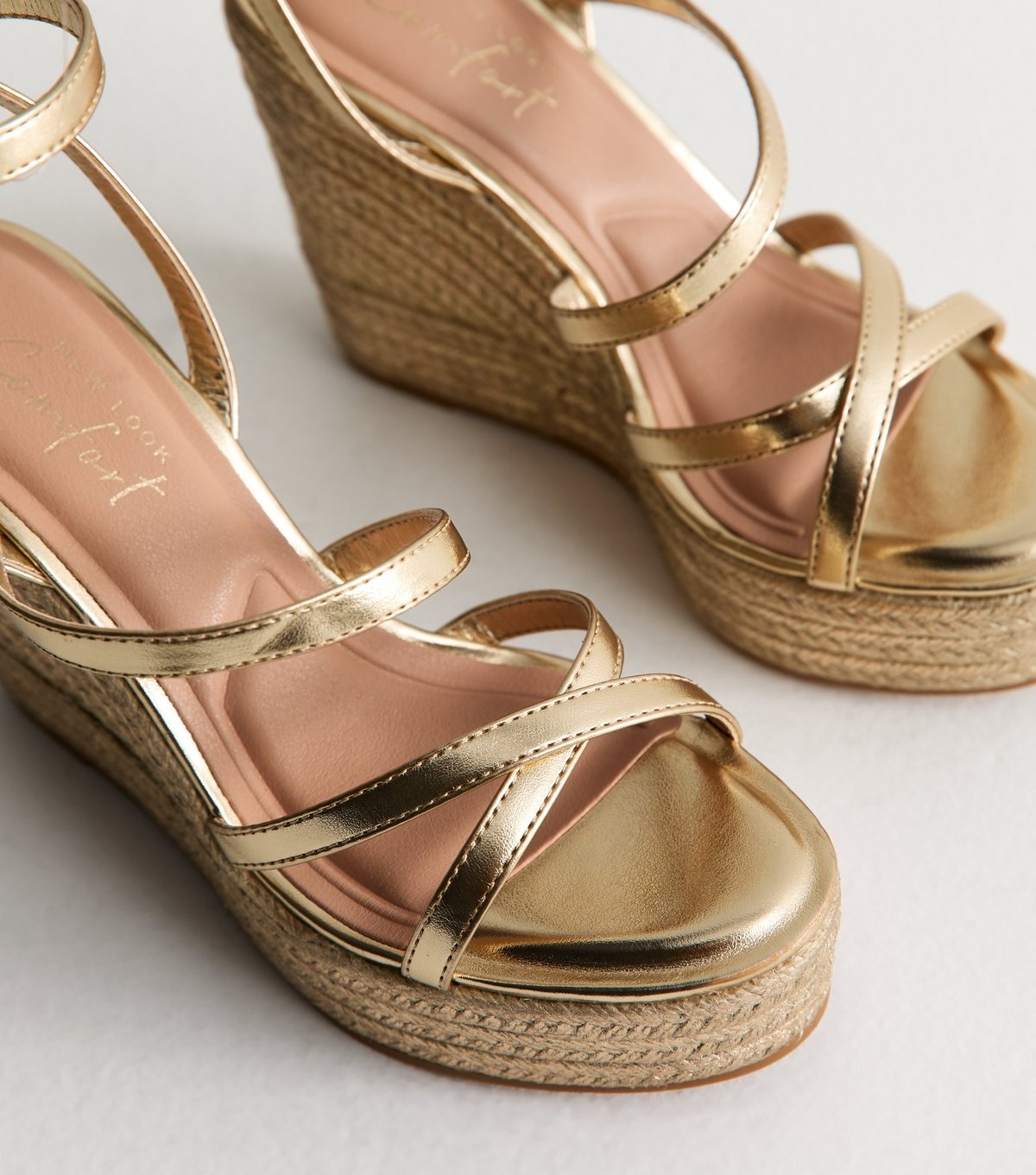 New Look Women's Gold Faux Leather Metallic Strap Wedge Sandals Vegan New Look - 4