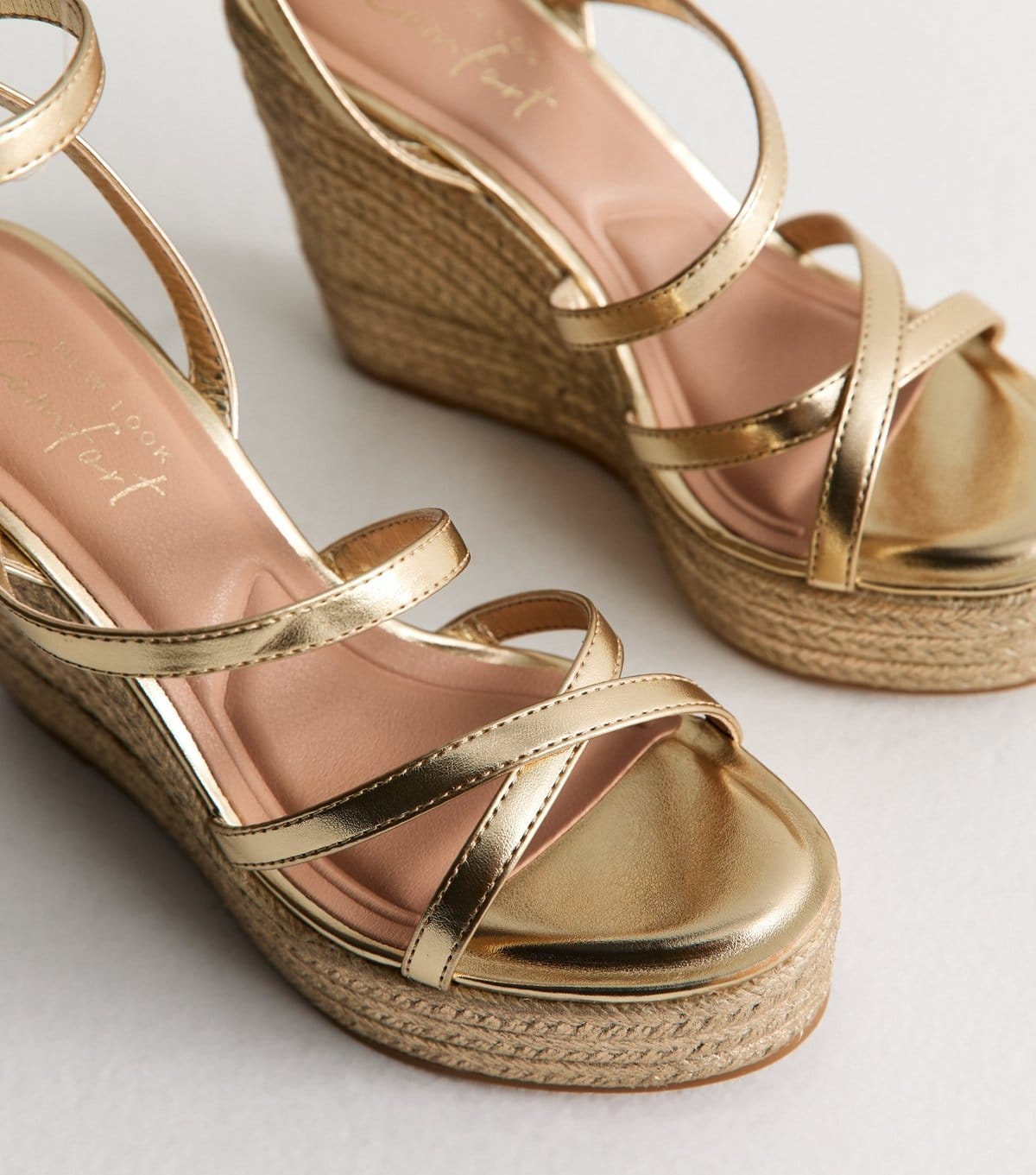 New Look Women's Gold Faux Leather Metallic Strap Wedge Sandals Vegan New Look - 4