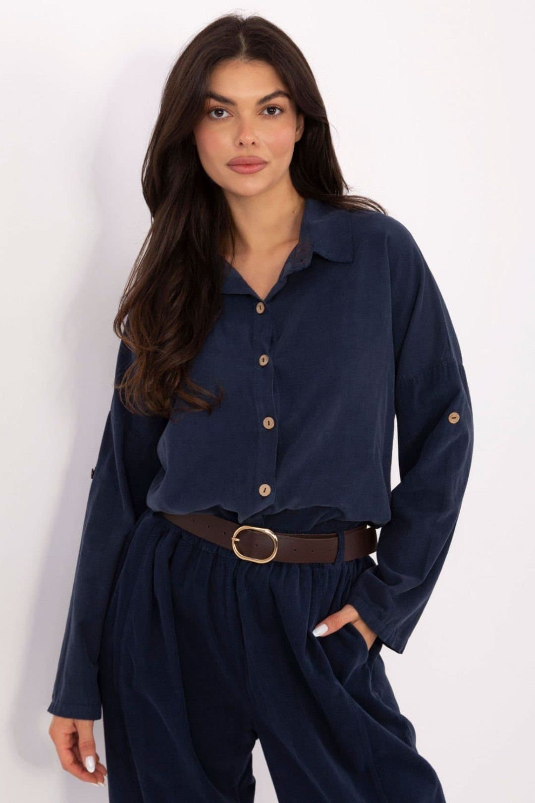 Love Lace Love Lace Women's Long Sleeve Corduroy Button Shirt for Daily in Blue