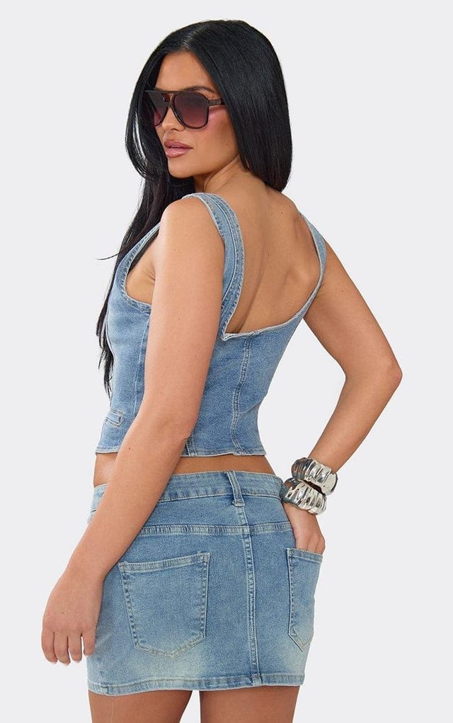 EGO Extreme Low Rise Mini Skirt In Blue Wash Denim, Women's Size UK 6 - 2