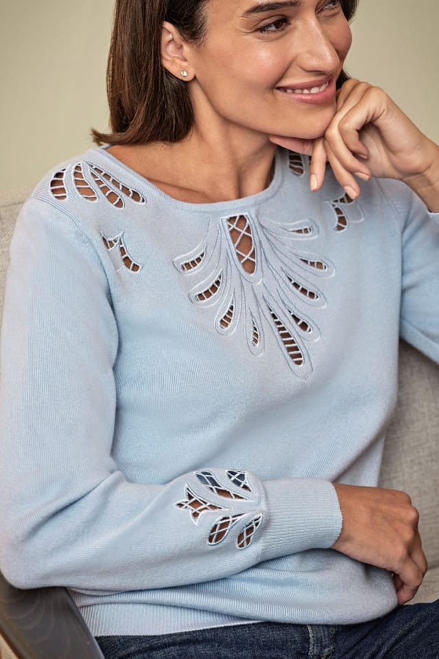 Pure Collection Pure Collection Women's Cotton Wool Embroidered Sweater in Light Blue - 2