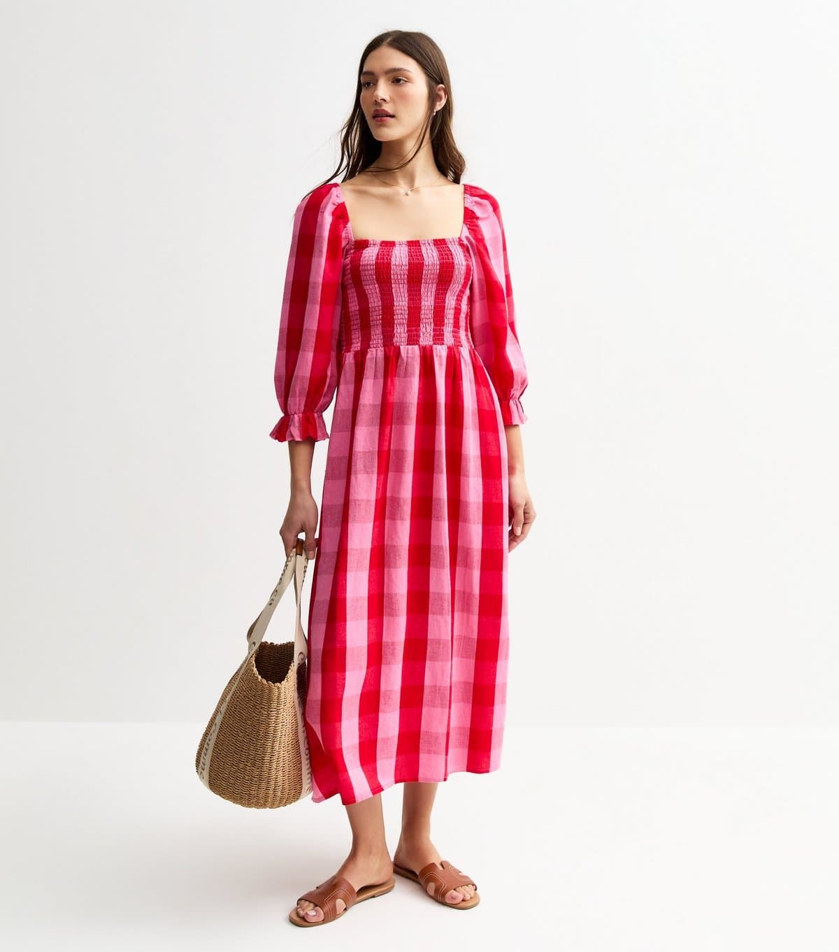 New Look Women's Pink Shirred Check Pattern Midi Dress New Look