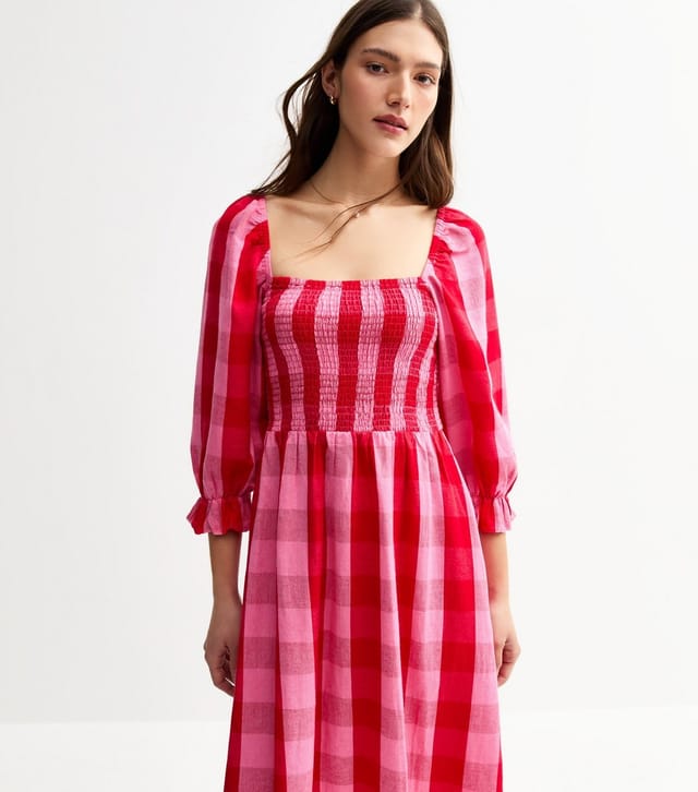 New Look Women's Pink Shirred Check Pattern Midi Dress New Look - 2