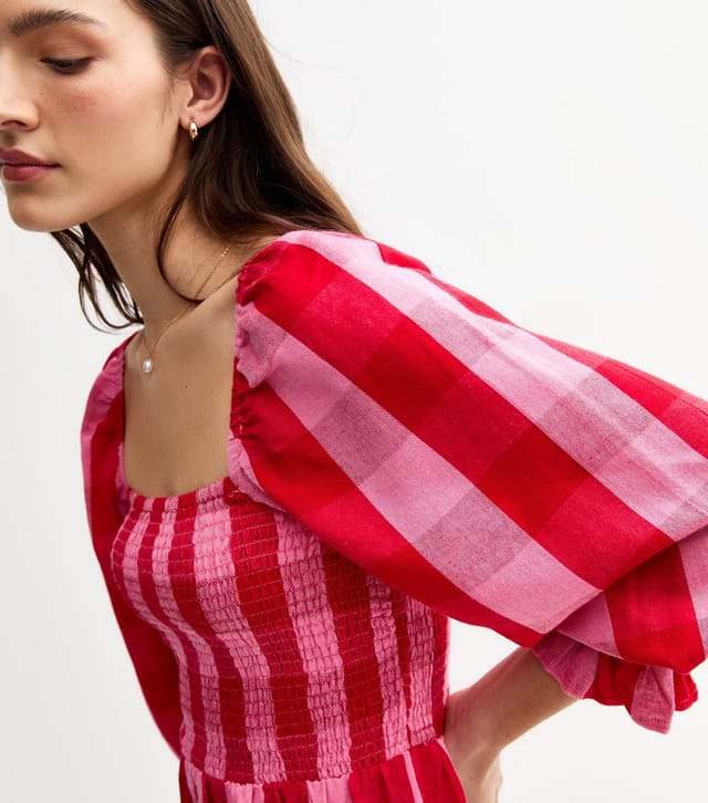 New Look Women's Pink Shirred Check Pattern Midi Dress New Look - 3