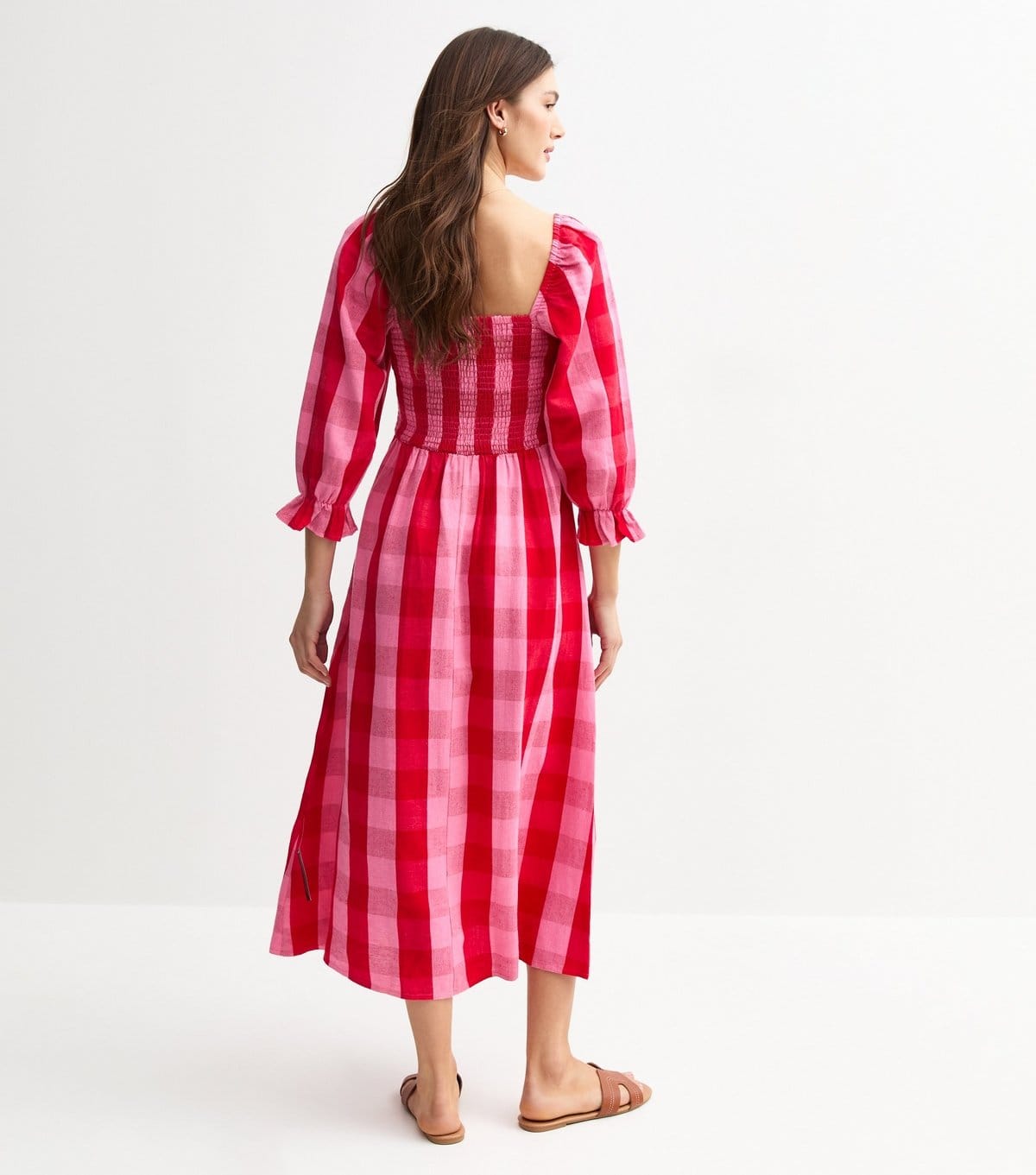 New Look Women's Pink Shirred Check Pattern Midi Dress New Look - 4