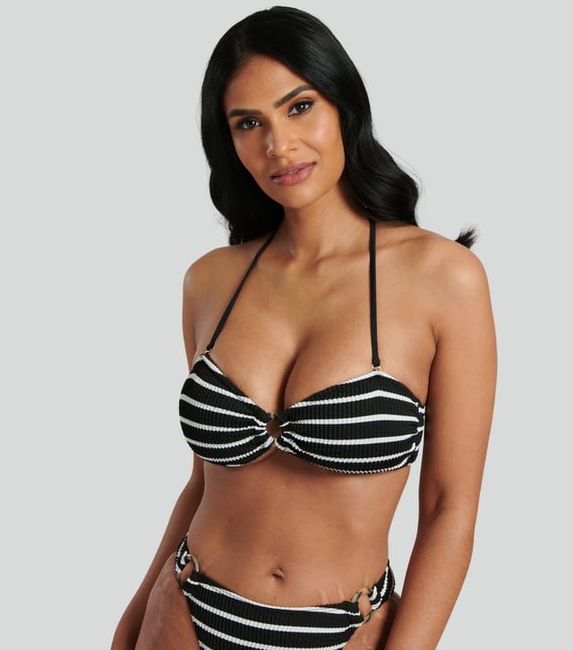 South Beach Women's Black Striped Crinkle Ring Detail Bandeau Bikini With Removable Straps South Beach New Look - 3