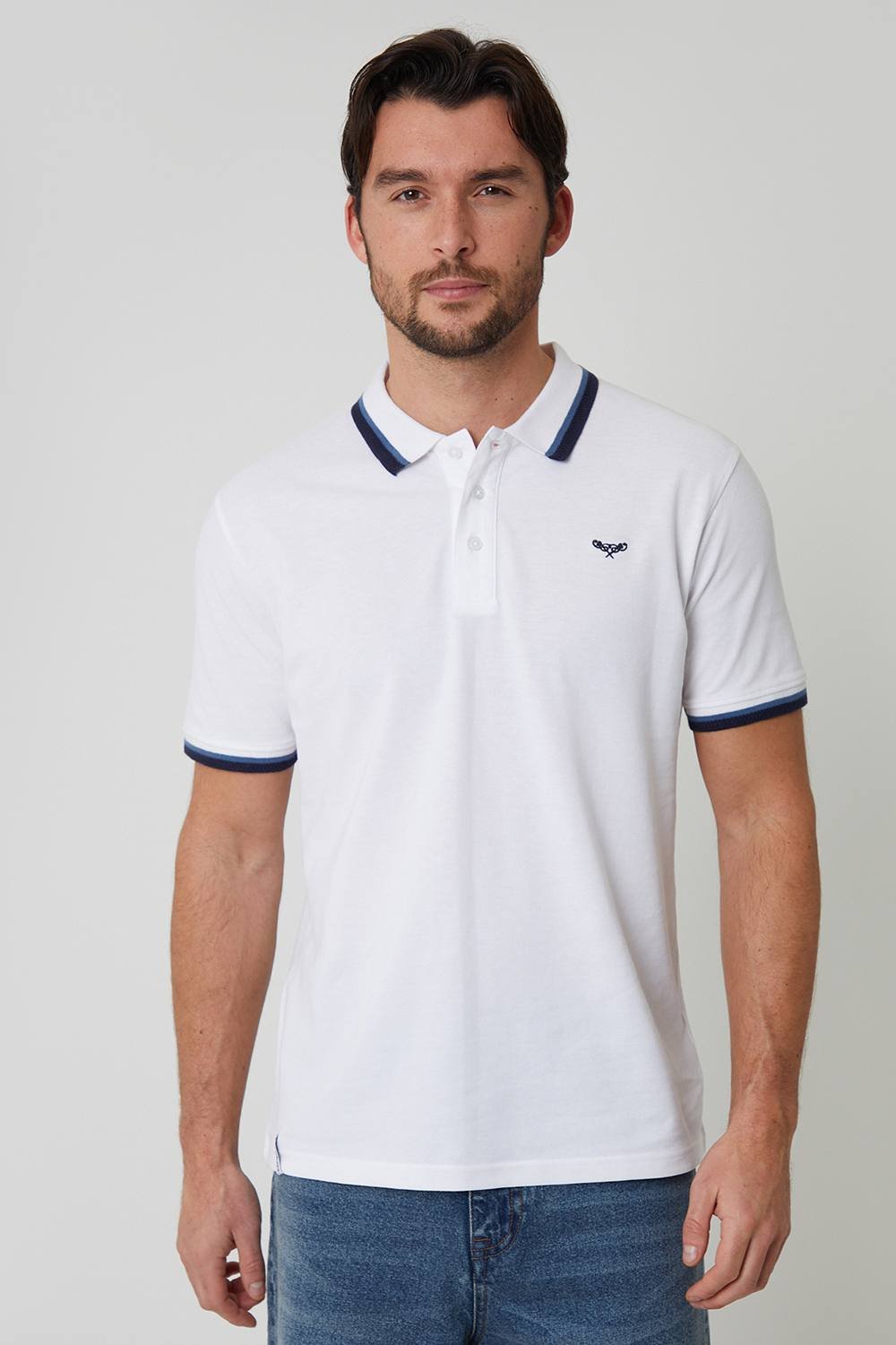 Threadbare Threadbare Men's Herringbone Tipping Cotton Pique Polo Shirt in White - 2