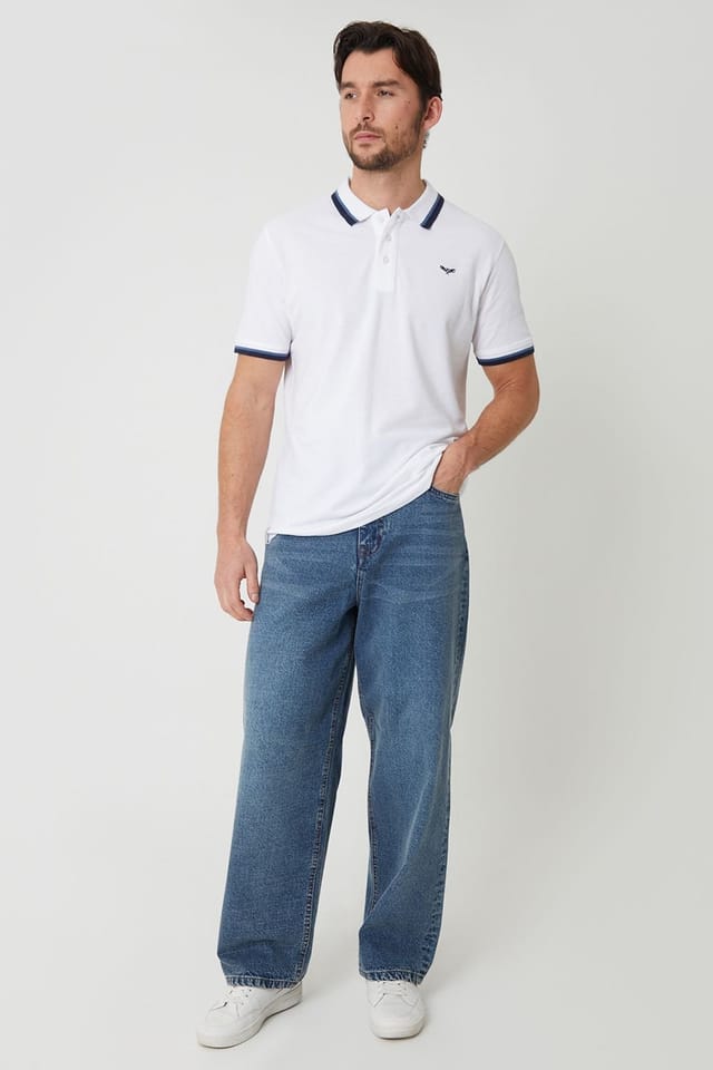 Threadbare Threadbare Men's Herringbone Tipping Cotton Pique Polo Shirt in White - 3