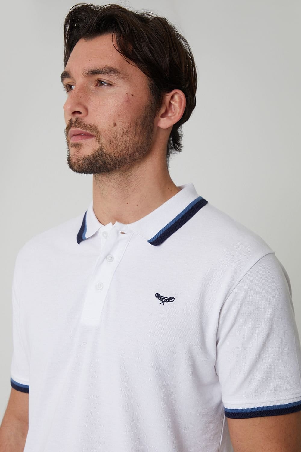 Threadbare Threadbare Men's Herringbone Tipping Cotton Pique Polo Shirt in White - 4
