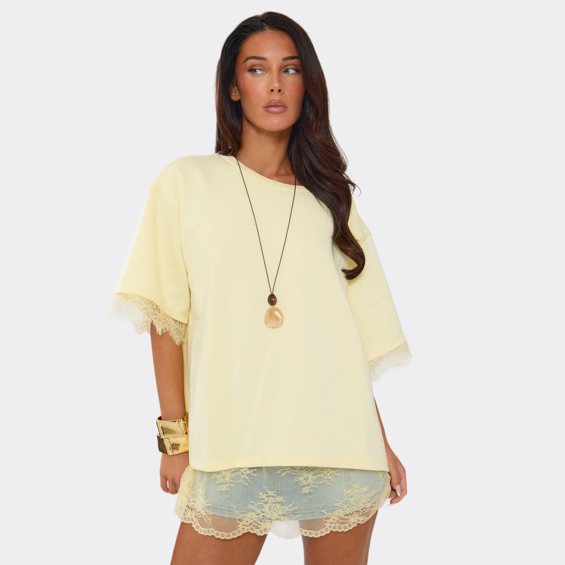 EGO Short Sleeve Lace Trim Split Back T-Shirt In Lemon, Women's Size UK L