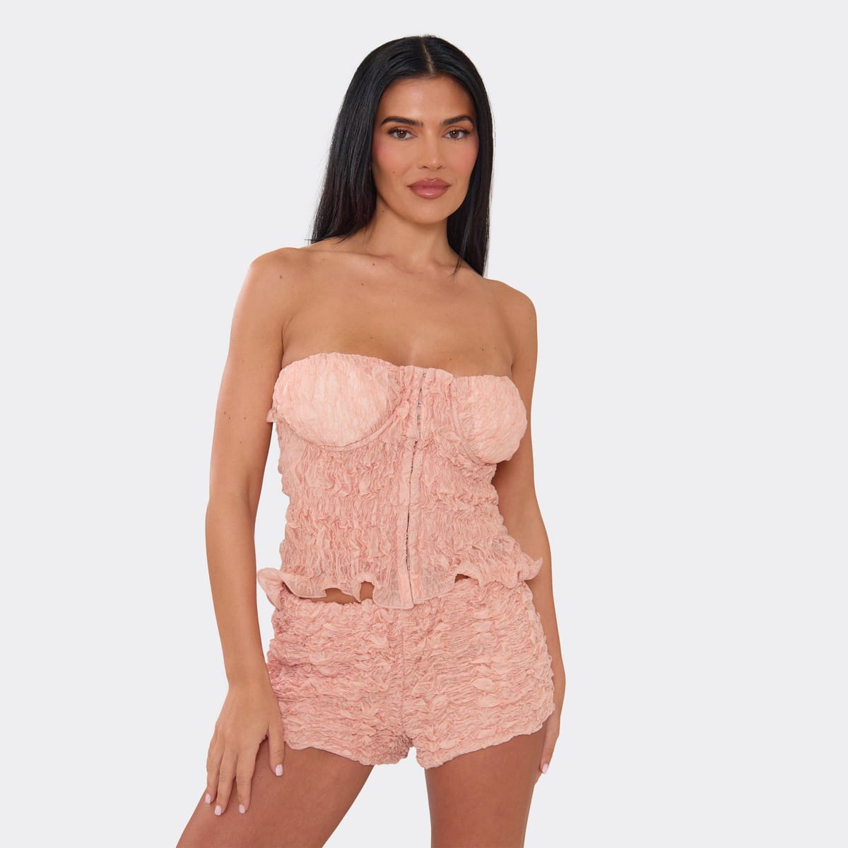 EGO Bandeau Hook And Eye Detail Corset Top In Coral Textured Woven, Women's Size UK 6 - 1