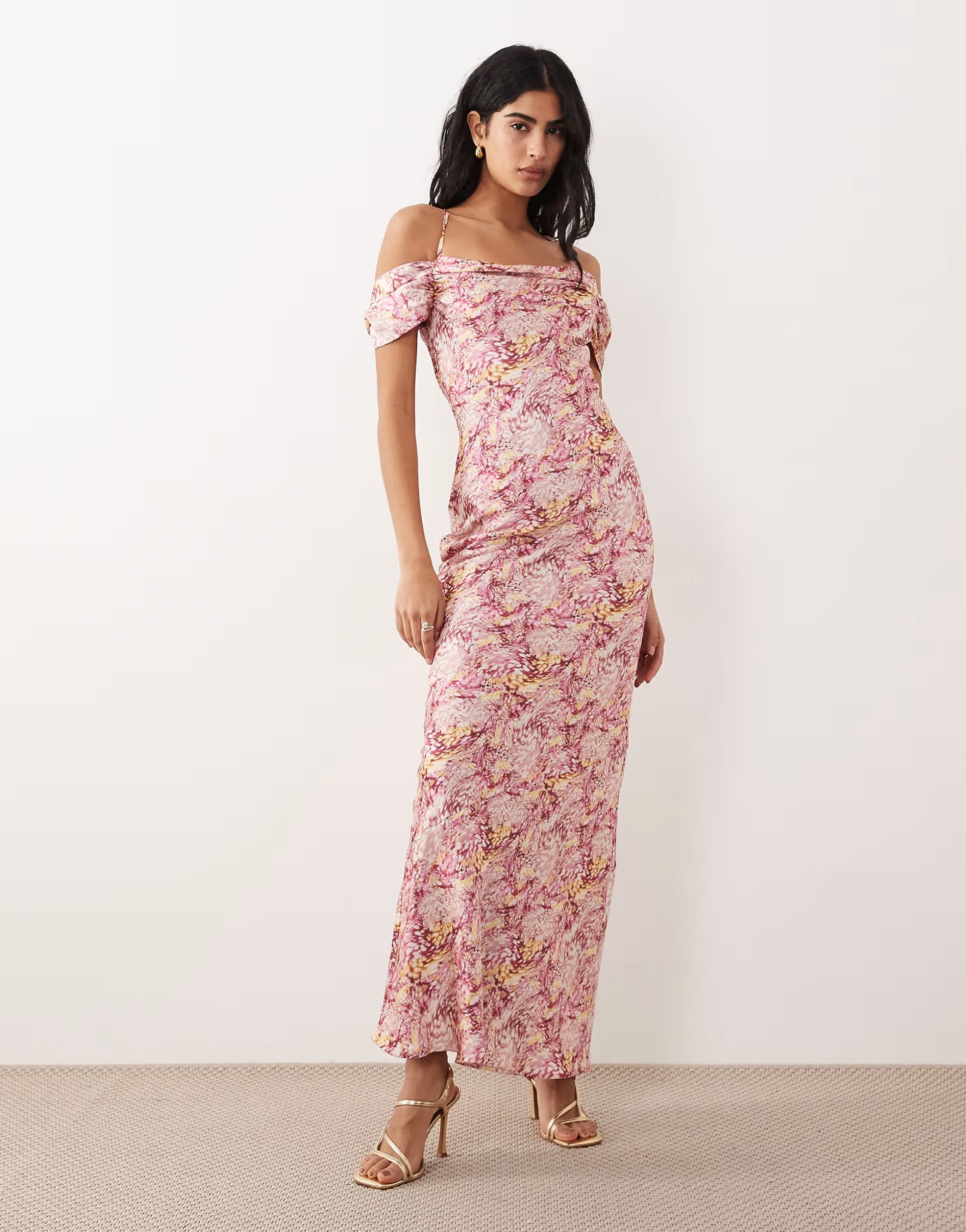 ASOS Pretty Lavish satin cowl neck cold shoulder slip maxi dress in abstract berry floral print