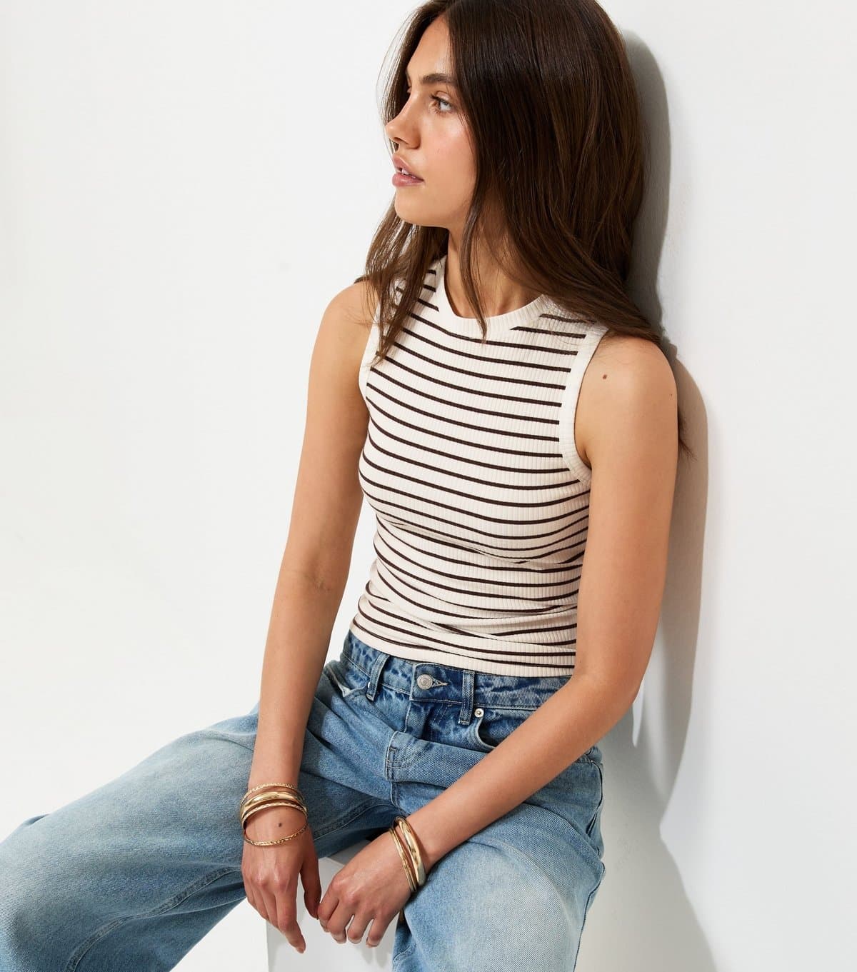 New Look New Look White Cotton Rich Ribbed Stripe Sleeveless Tank Top