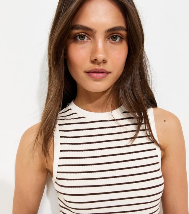 New Look Women's White Cotton Rich Ribbed Stripe Pattern Sleeveless Tank Top New Look - 2