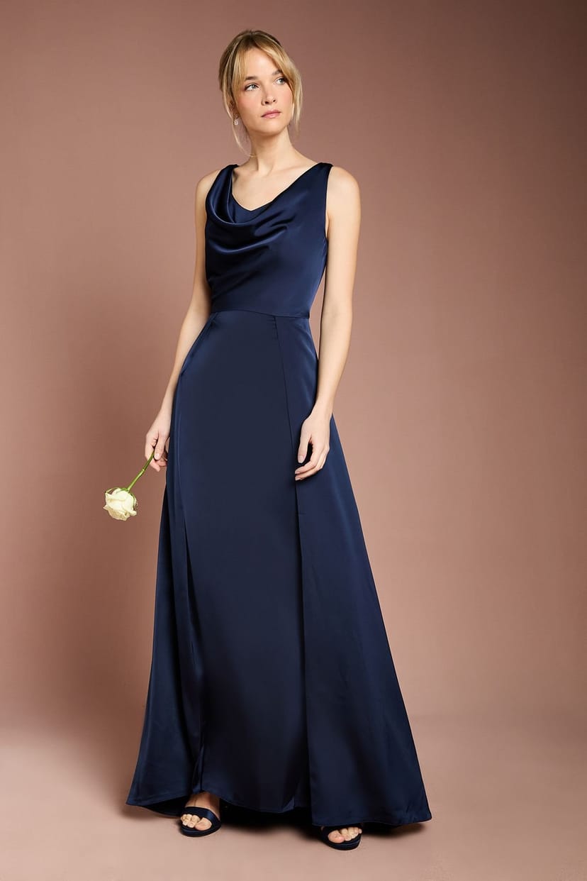 Coast Coast Women's Honoured Sleeveless Cowl Neck Satin Maxi Bridesmaid Dress in Navy - 1
