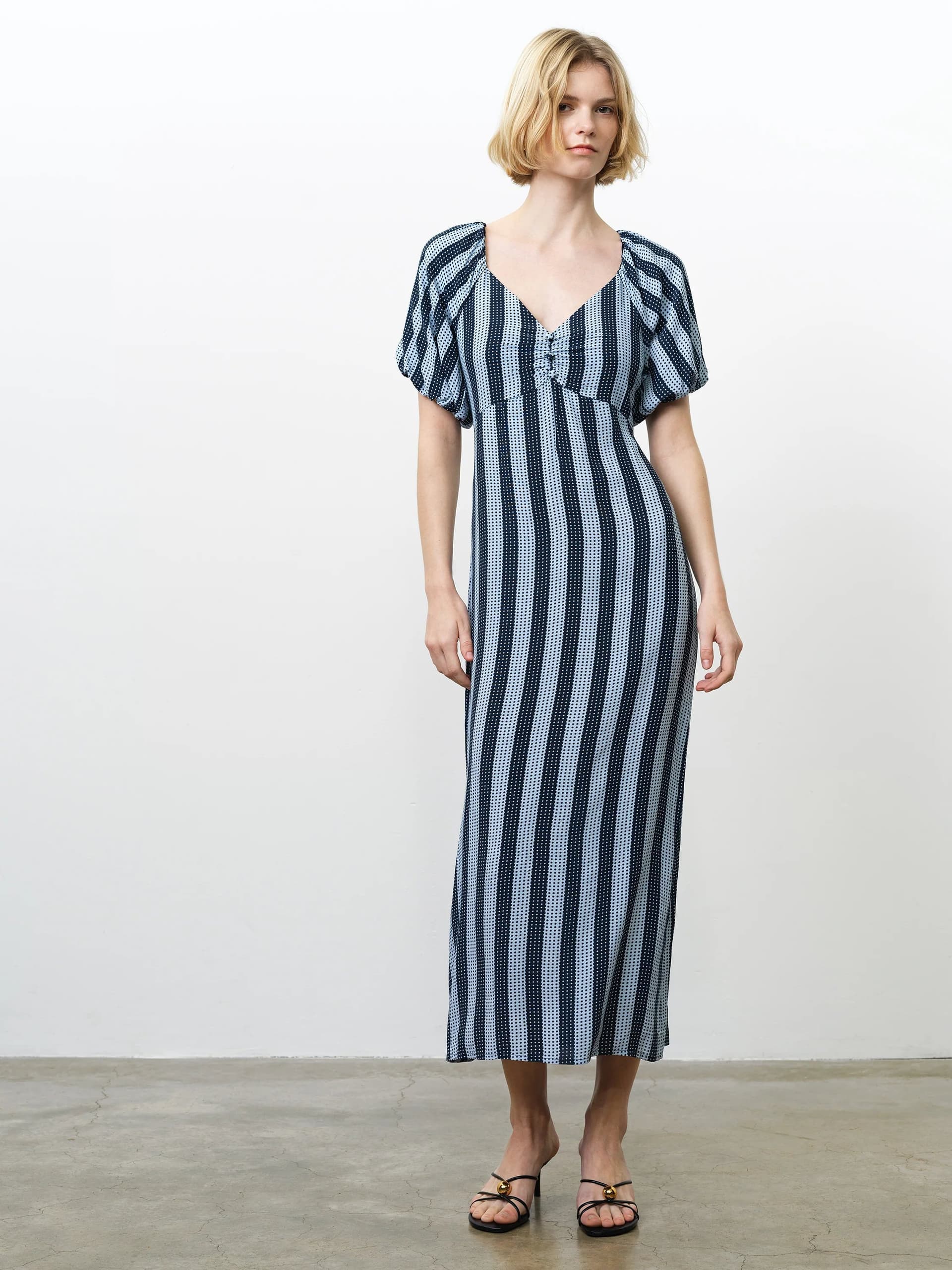 French Connection Fran Eco Lizzie Puff Sleeve Midi Dress Blue Stripe Spot