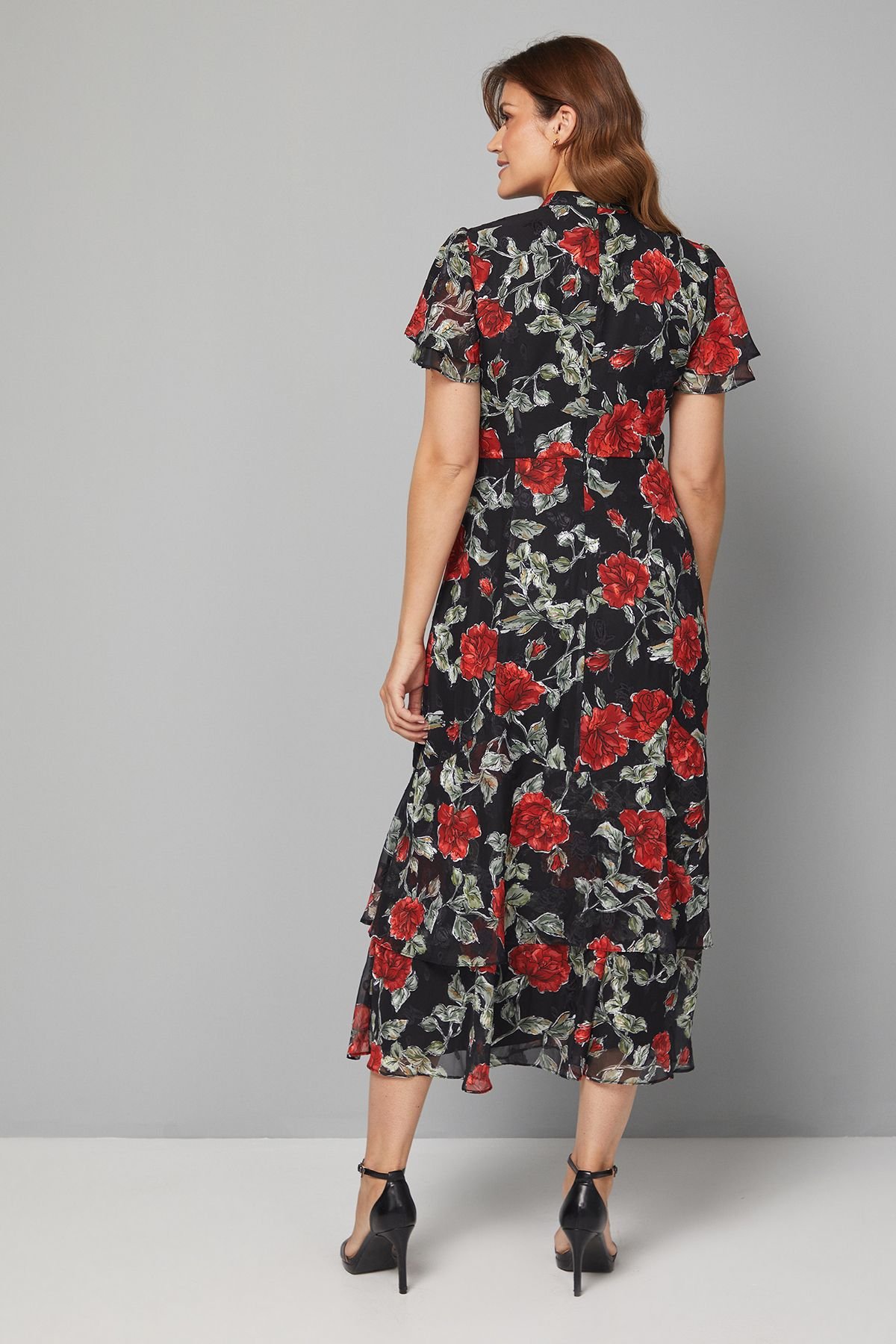 Wallis Wallis Women's Floral Burn Out Ruffle Midi Dress in Black - 4