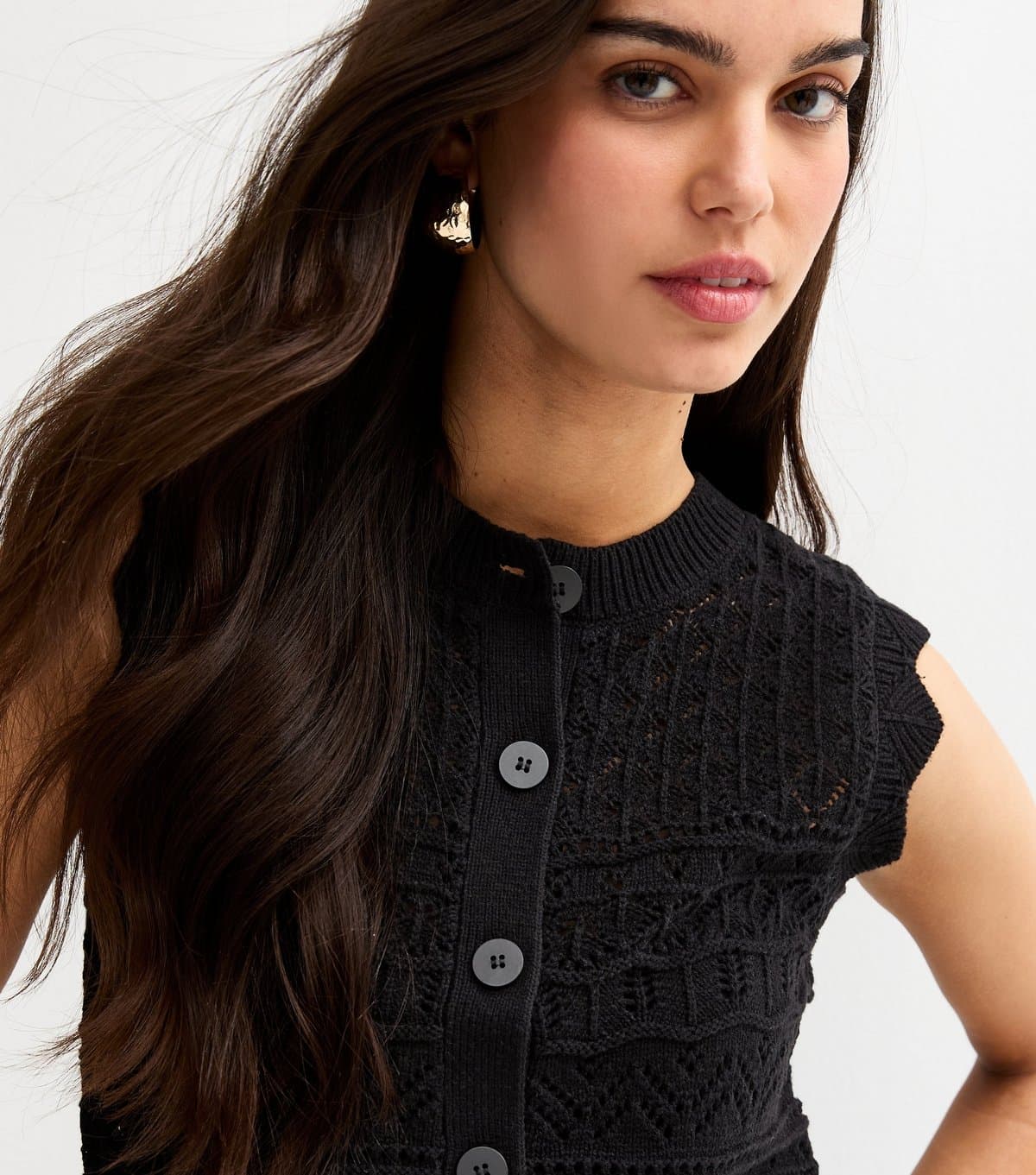 New Look Women's Black Cotton Rich Crochet Look Knit Waistcoat New Look