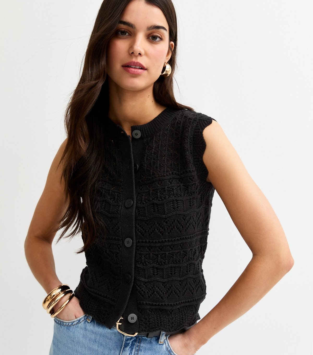New Look Women's Black Cotton Rich Crochet Look Knit Waistcoat New Look - 2