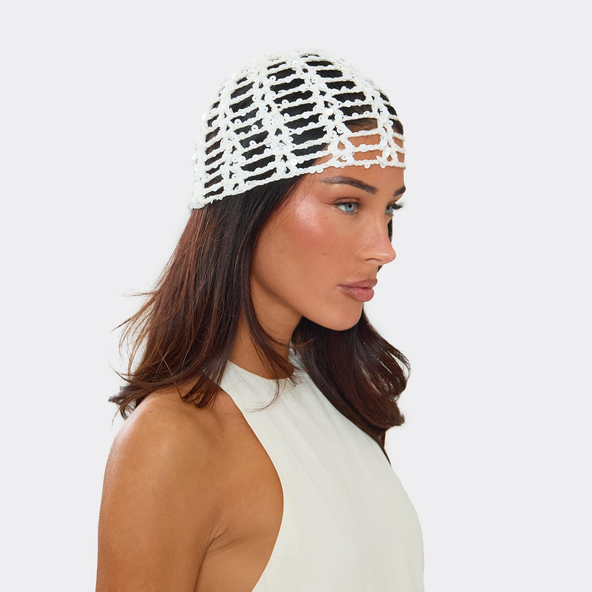 EGO EGO White Sequin Detail Crochet Knit Hat