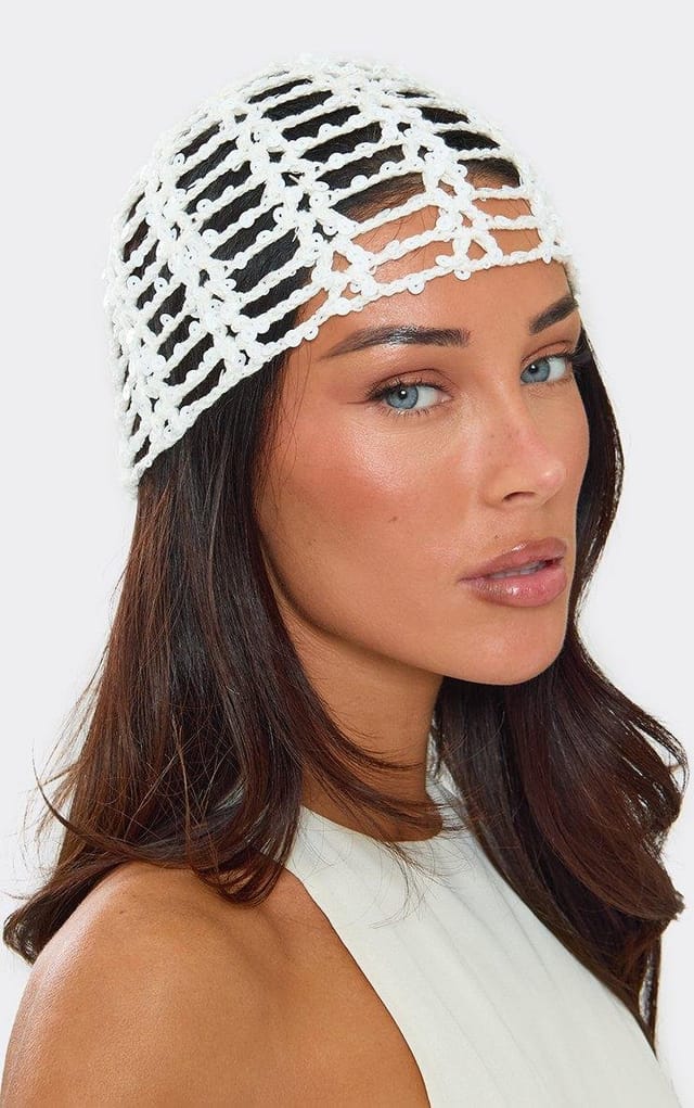 EGO Sequin Detail Hat In White Crochet Knit, Women's Size UK 0 - 2