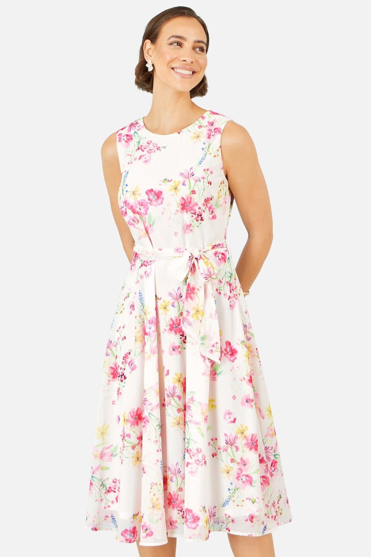 Yumi Yumi Women's White Delicate Floral Midi Skater Dress in Off-White