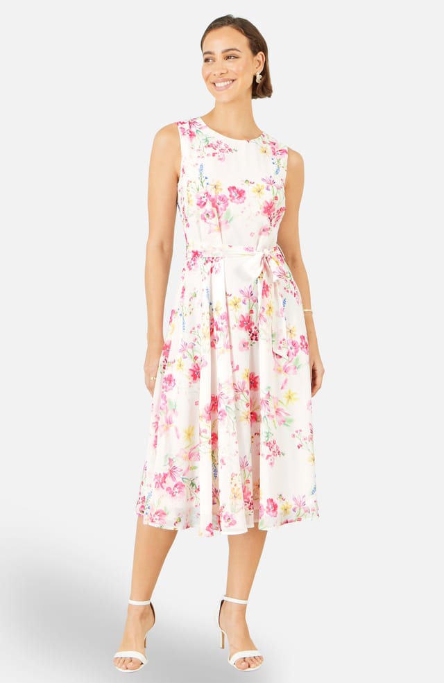 Yumi Yumi Women's White Delicate Floral Midi Skater Dress in Off-White - 2
