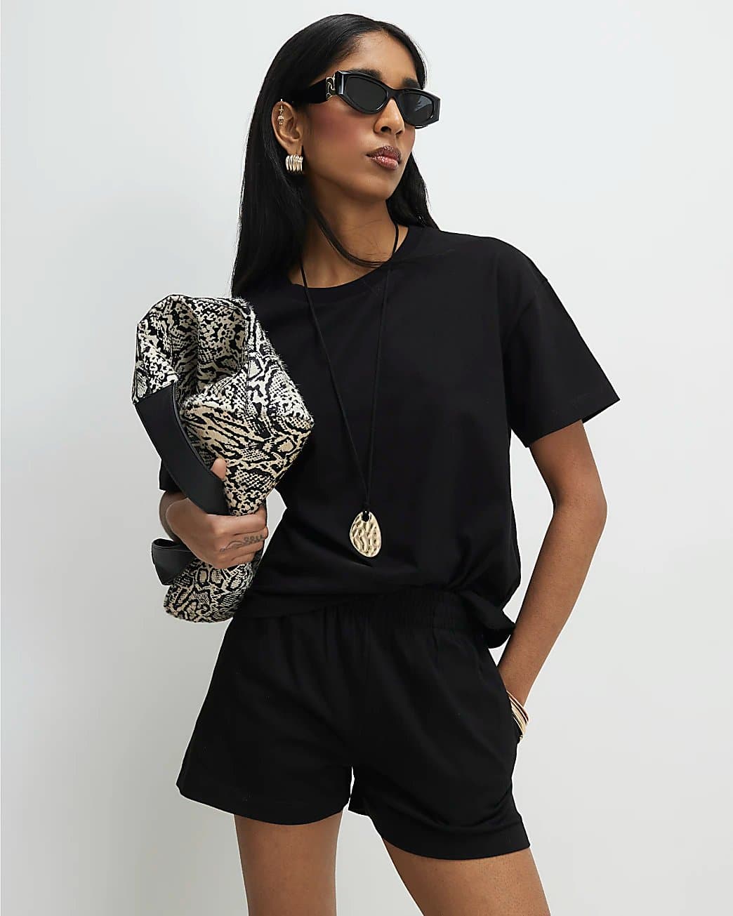 River Island River Island Womens Black Cotton T-Shirt And Shorts Set