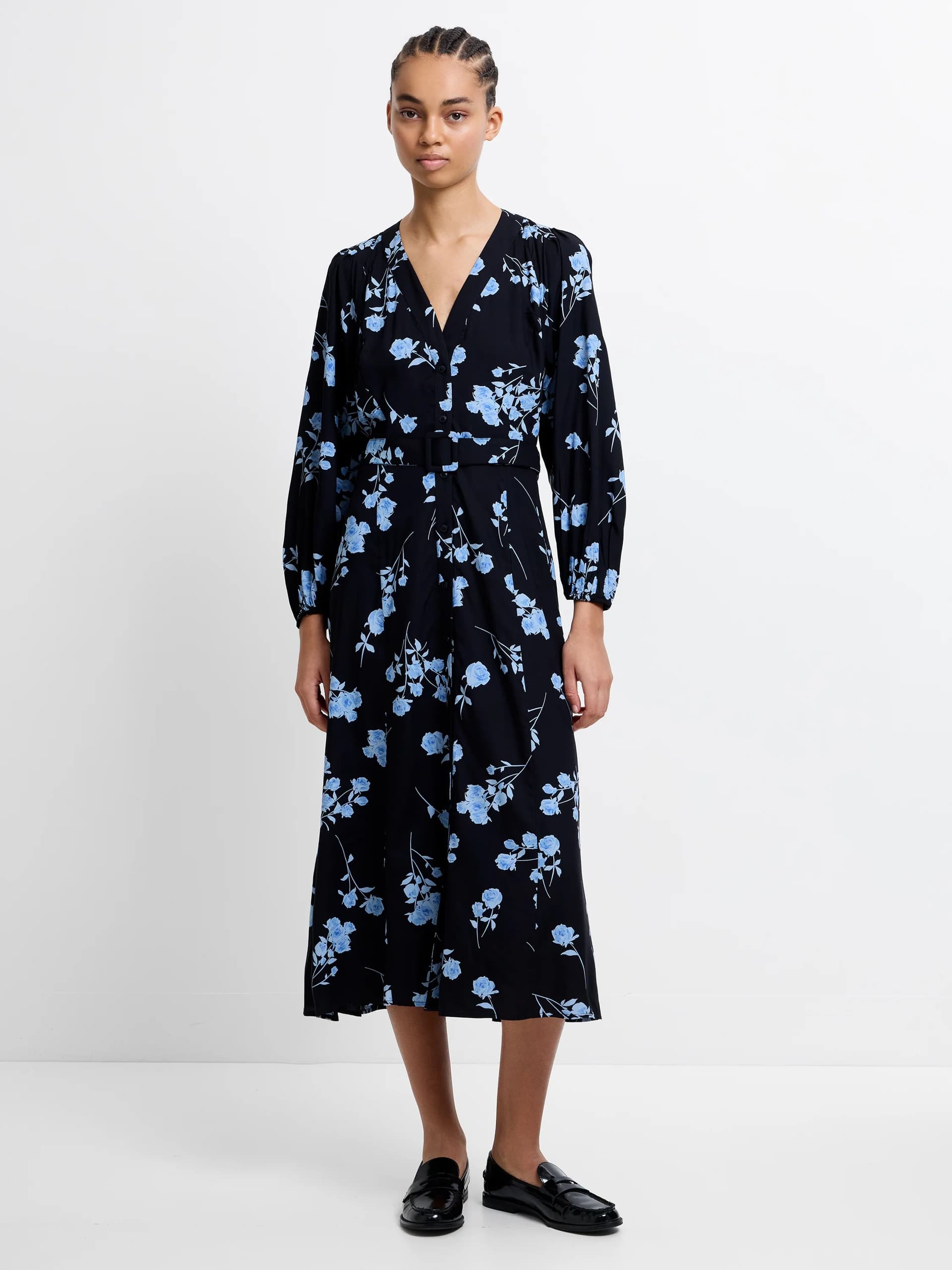 French Connection Alessandra Puff Sleeve Belted Dress Blackout Black/Blue