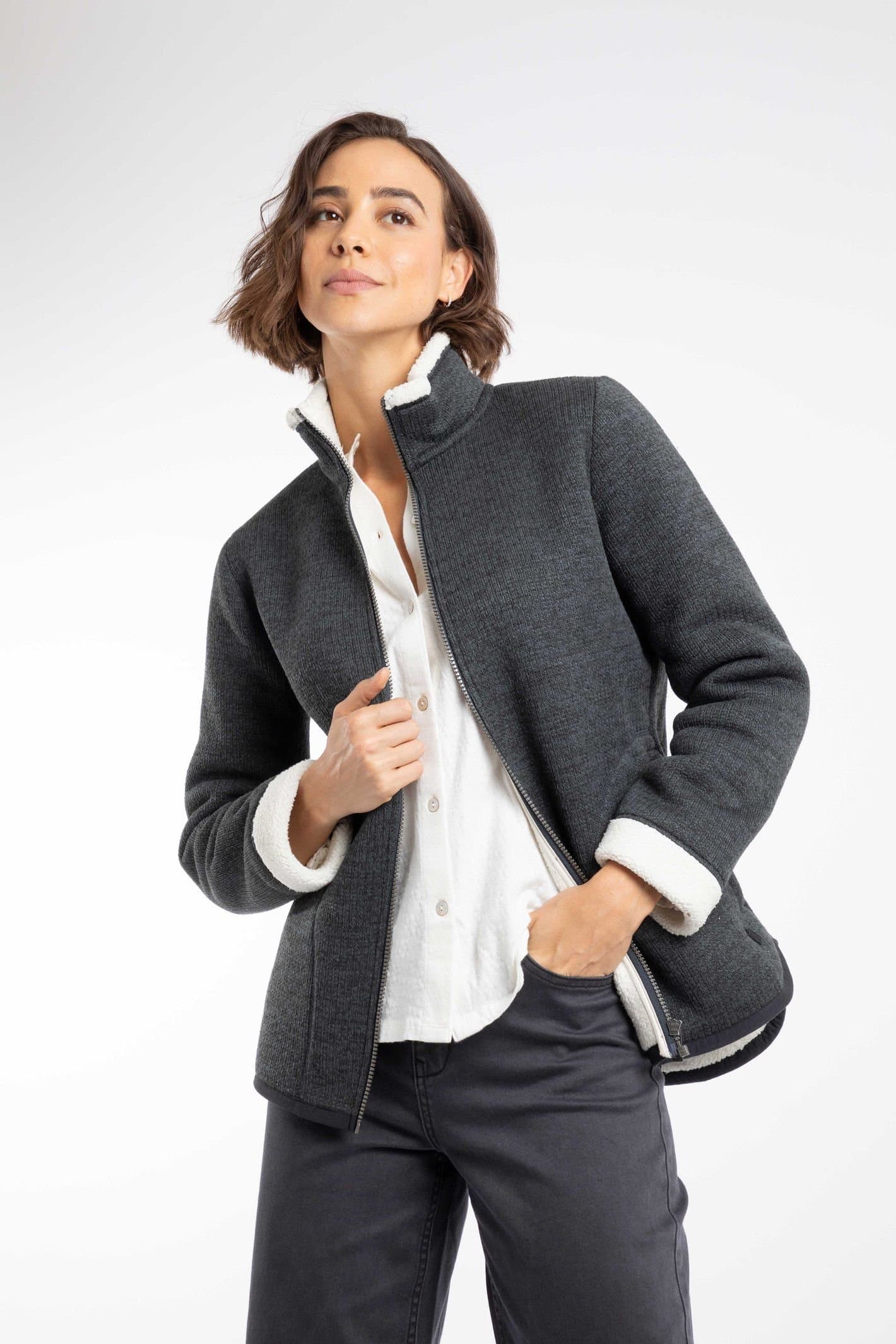Weird Fish Weird Fish Women's Campbell Faux Shearling Bonded Full Zip Fleece in Charcoal