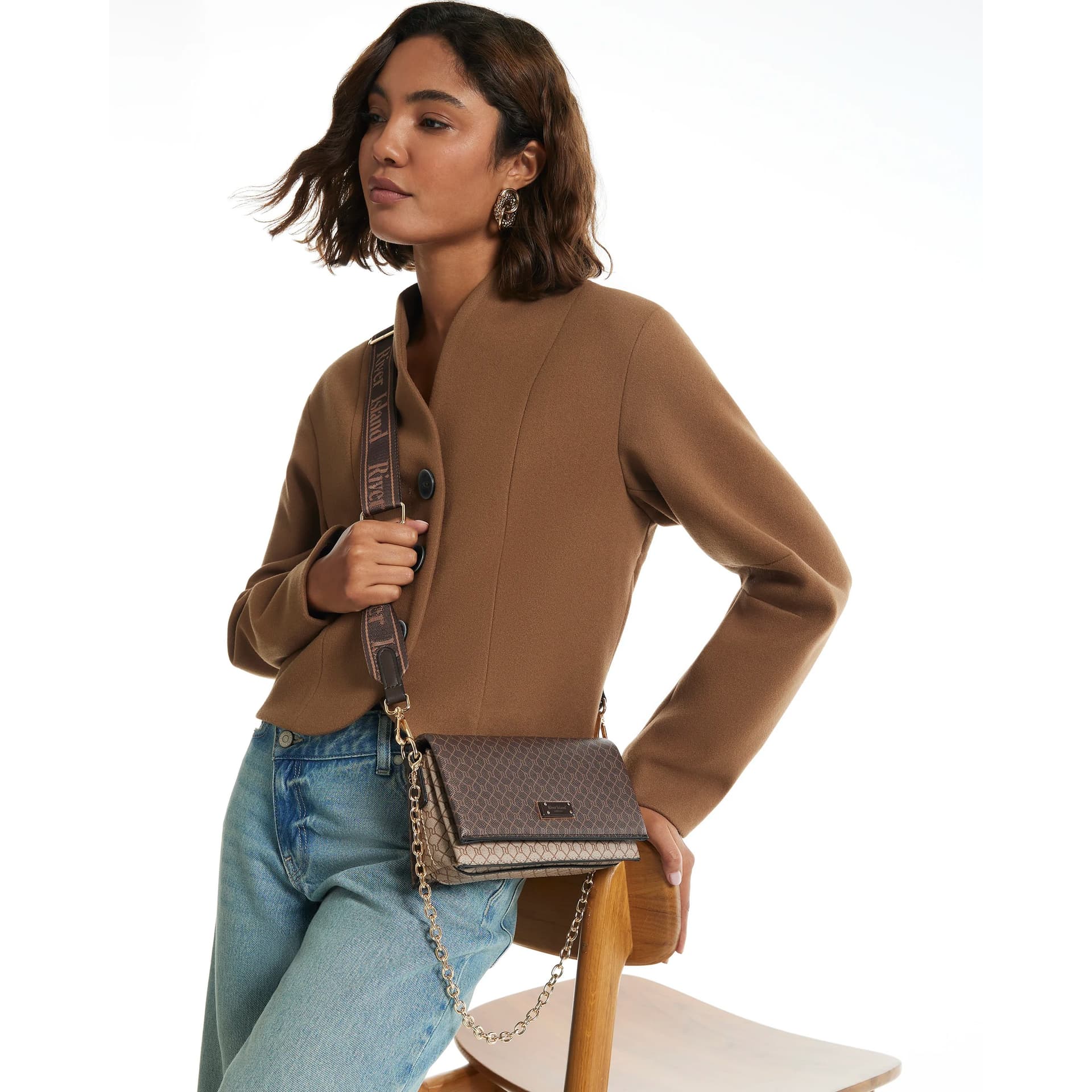 River Island River Island Womens Brown Monogram Utility Webbing Crossbody Bag