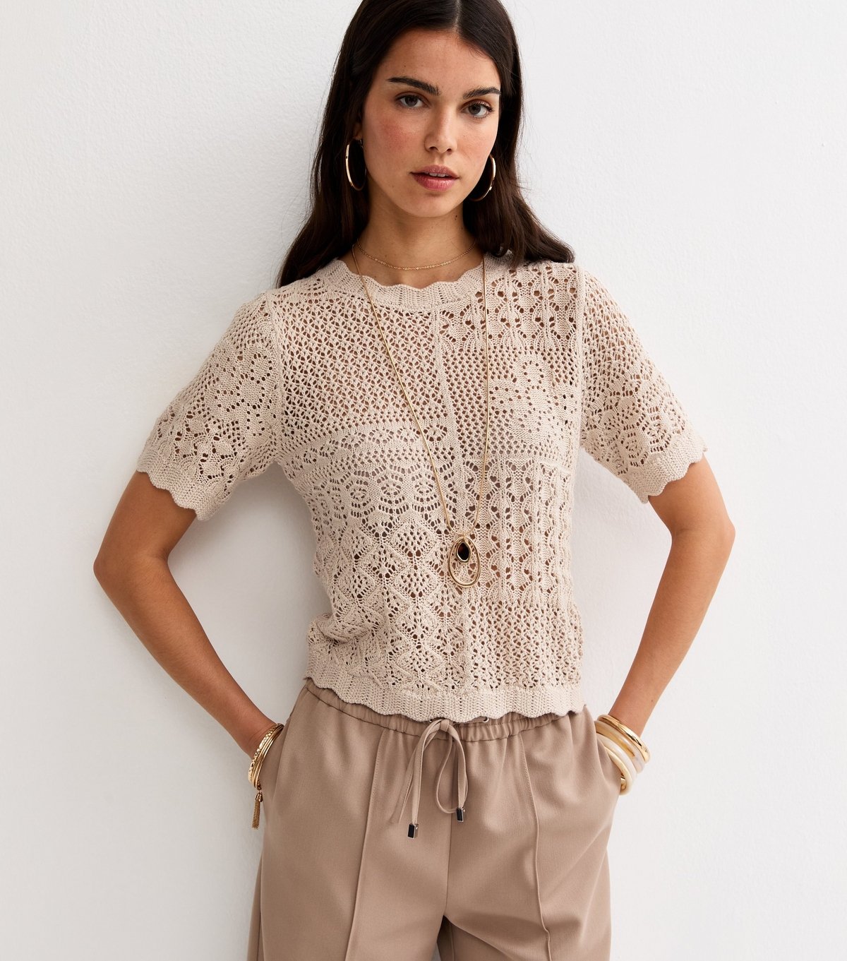 New Look Women's Oatmeal Cotton Rich Pointelle Patchwork Short Sleeve Top New Look - 2