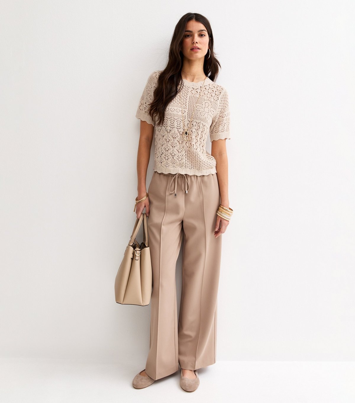 New Look Women's Oatmeal Cotton Rich Pointelle Patchwork Short Sleeve Top New Look - 3