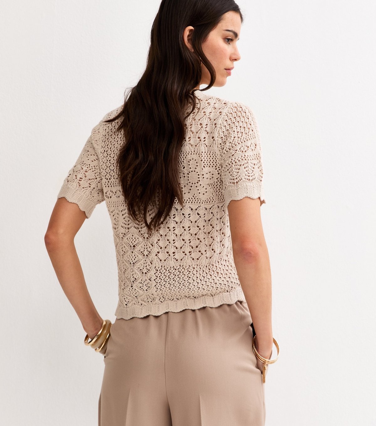 New Look Women's Oatmeal Cotton Rich Pointelle Patchwork Short Sleeve Top New Look - 4