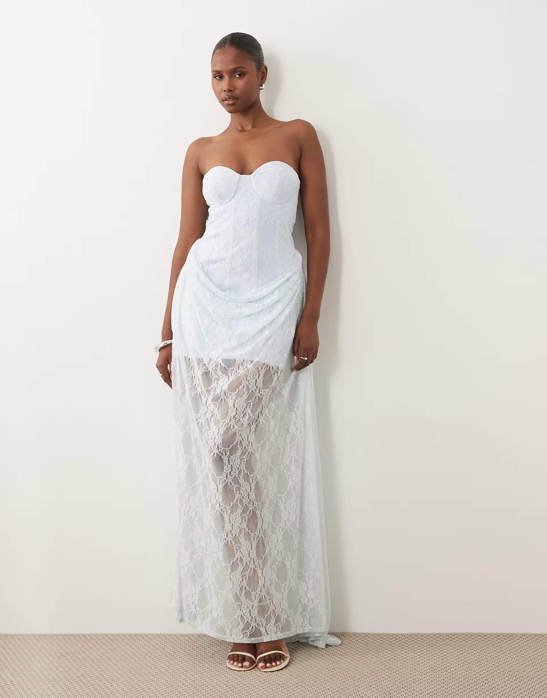 ASOS ASOS DESIGN Premium corset bandeau lace maxi dress with skirt overlay in light blue