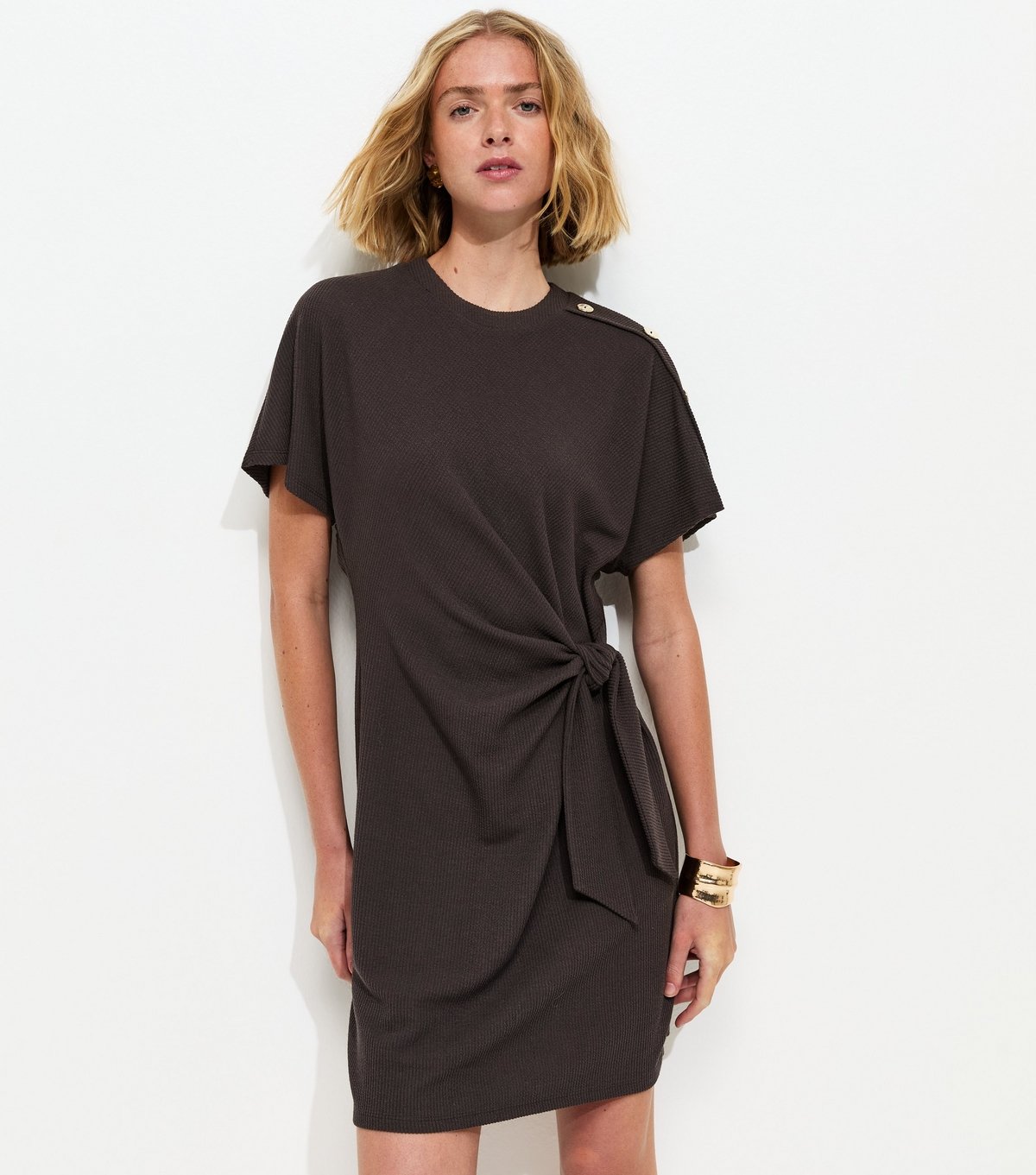 New Look Women's Dark Brown Ribbed Faux Button Twist Mini Dress New Look - 2