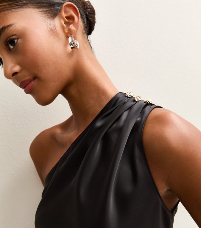 New Look Women's Black Satin One Shoulder Tie Waist Midi Dress New Look - 2