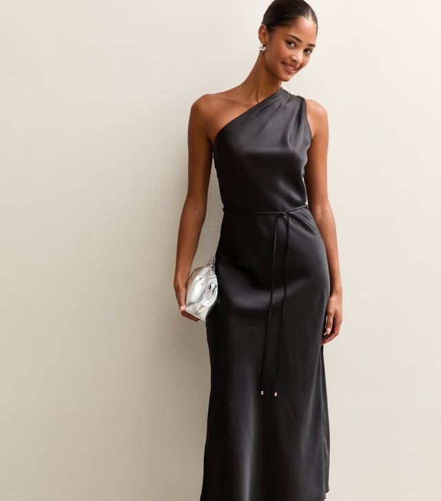 New Look Women's Black Satin One Shoulder Tie Waist Midi Dress New Look - 3
