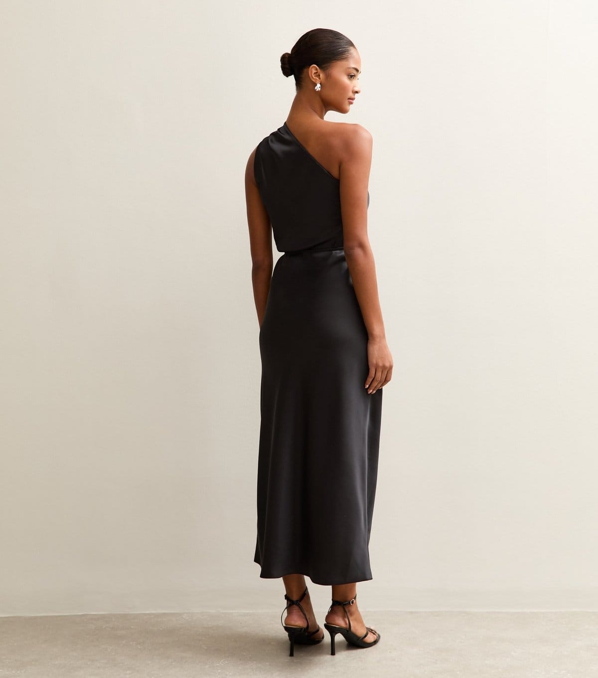 New Look Women's Black Satin One Shoulder Tie Waist Midi Dress New Look - 4