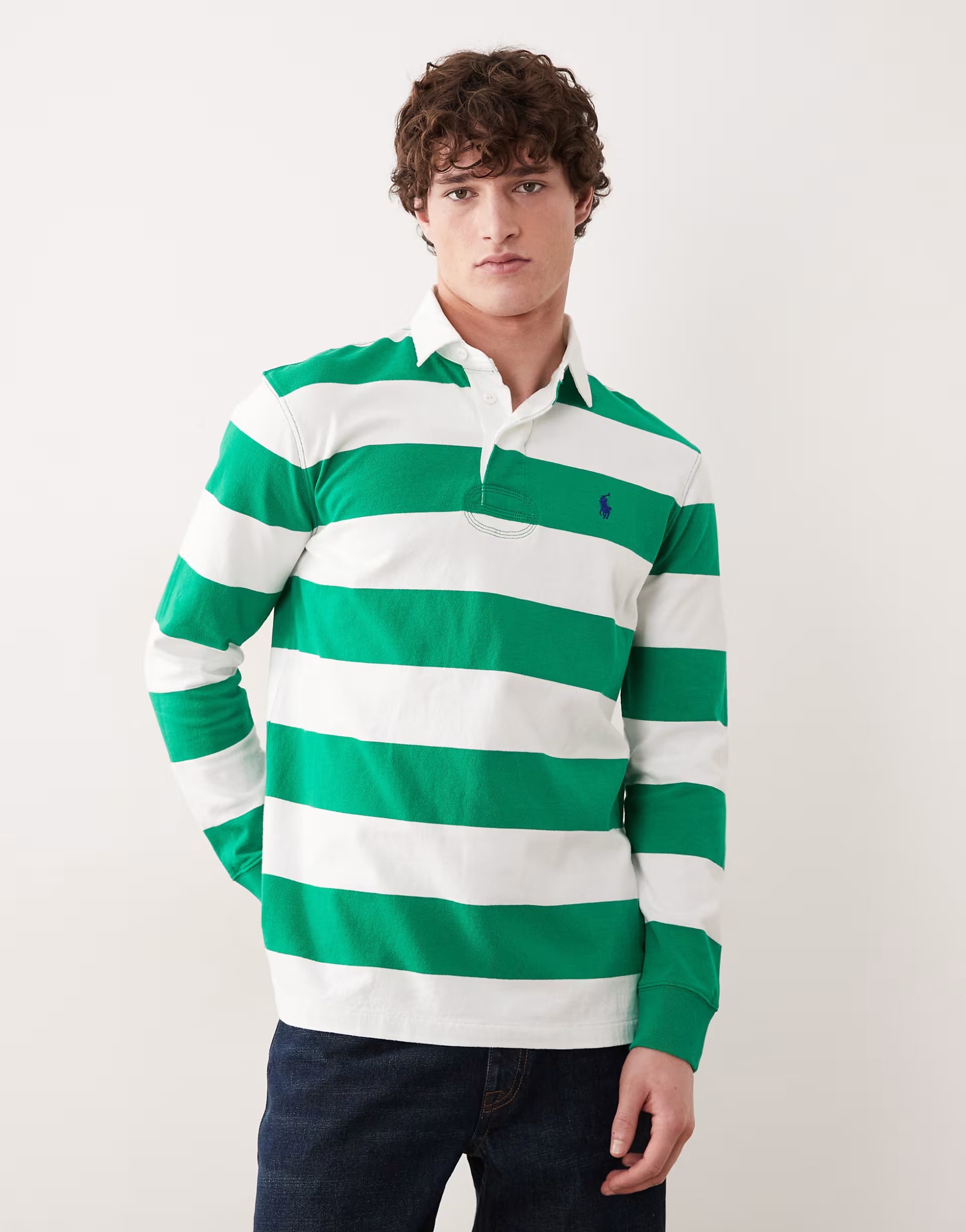 ASOS Polo Ralph Lauren icon logo long sleeve stripe rugby shirt in green and white - 1