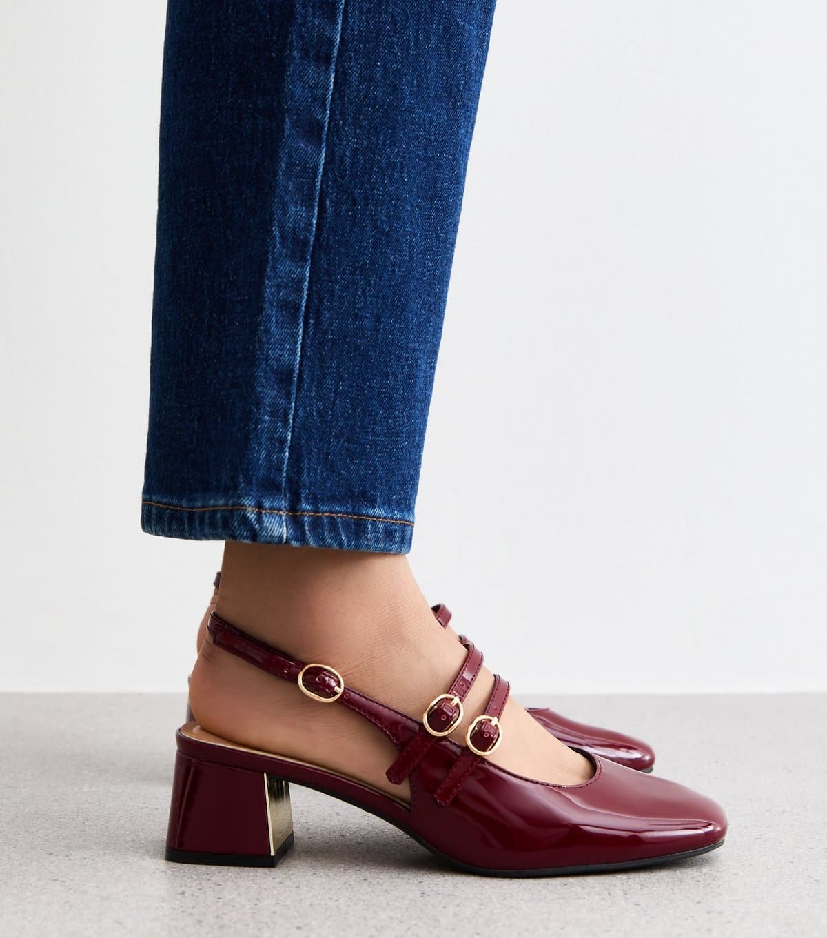 New Look Women's Wide Fit Burgundy Block Heel Mary Jane Shoes Vegan New Look