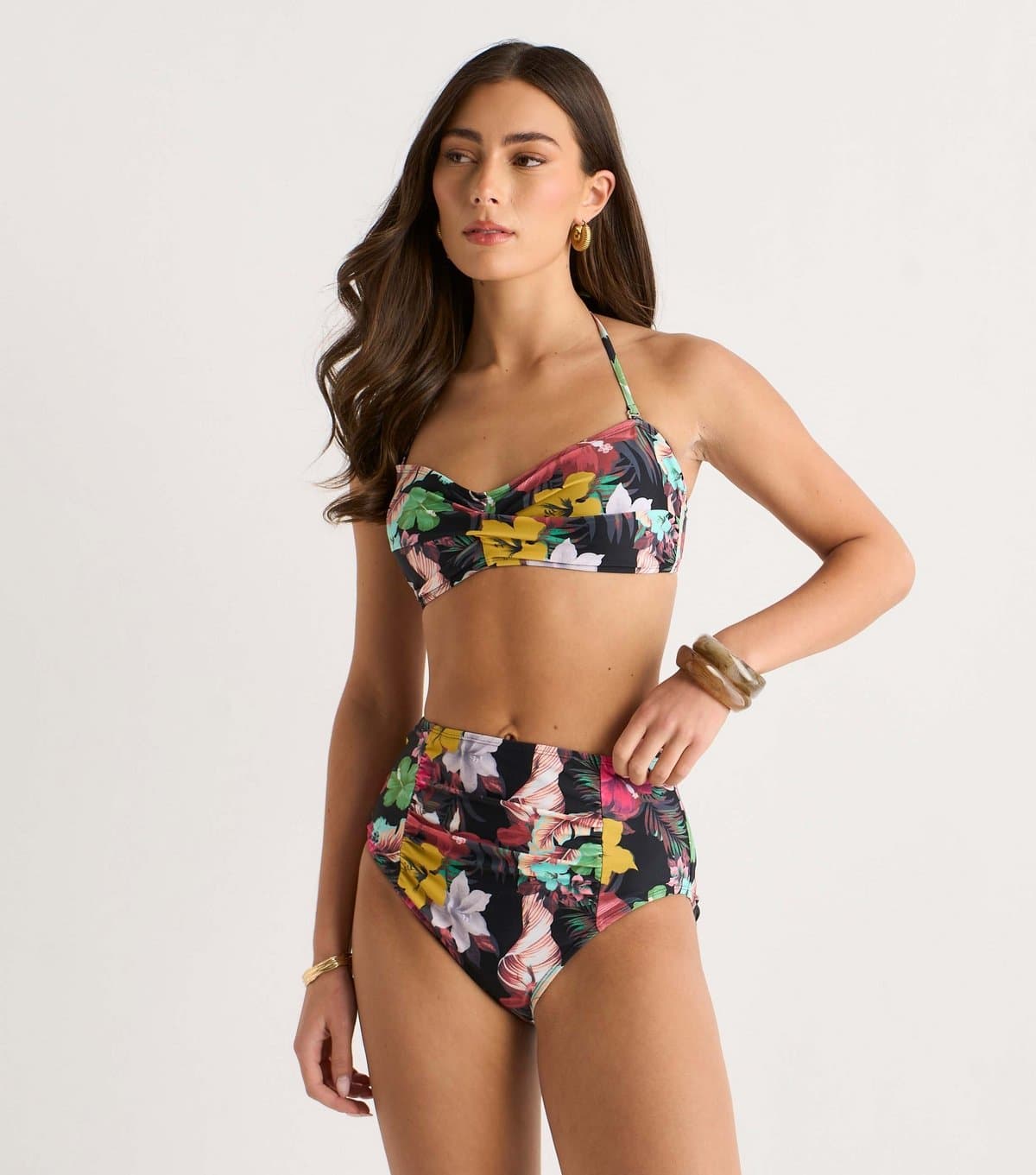 Gini London Gini London Multicolour Floral Print Ruched Panel Bikini Bottoms