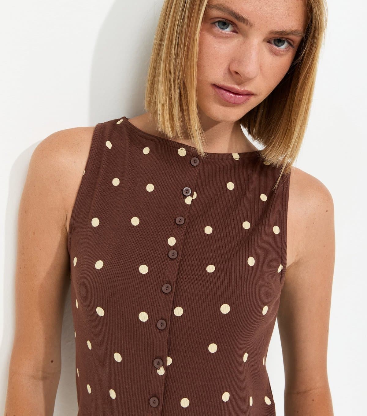 New Look Women's Brown Cotton Rich Polka Dot Button Through Tank Top New Look