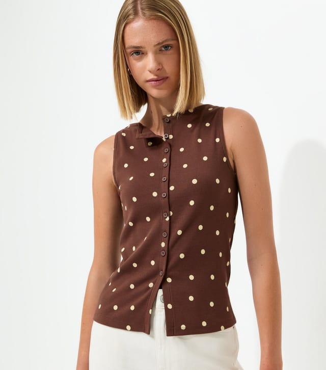 New Look Women's Brown Cotton Rich Polka Dot Button Through Tank Top New Look - 2