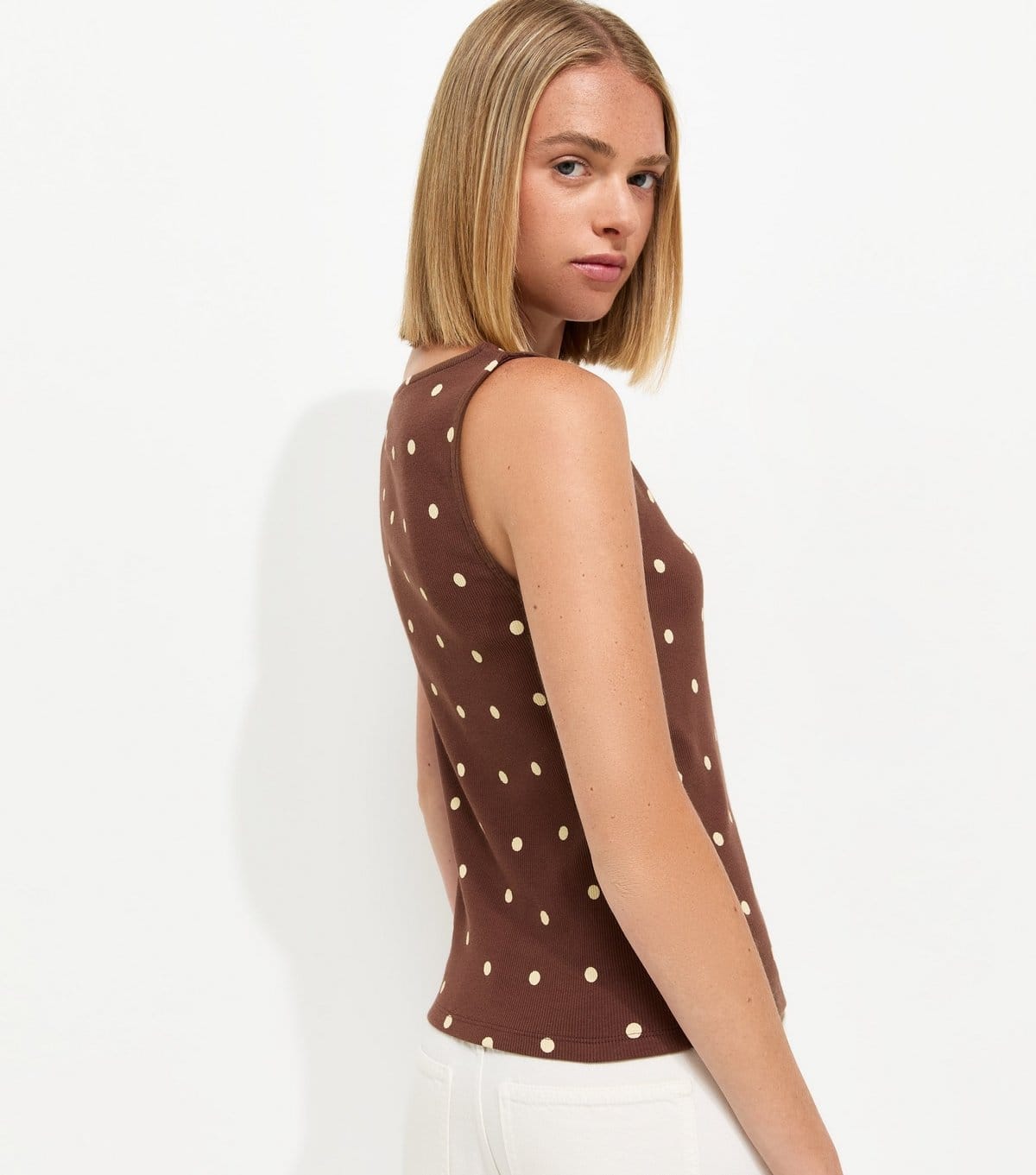 New Look Women's Brown Cotton Rich Polka Dot Button Through Tank Top New Look - 4