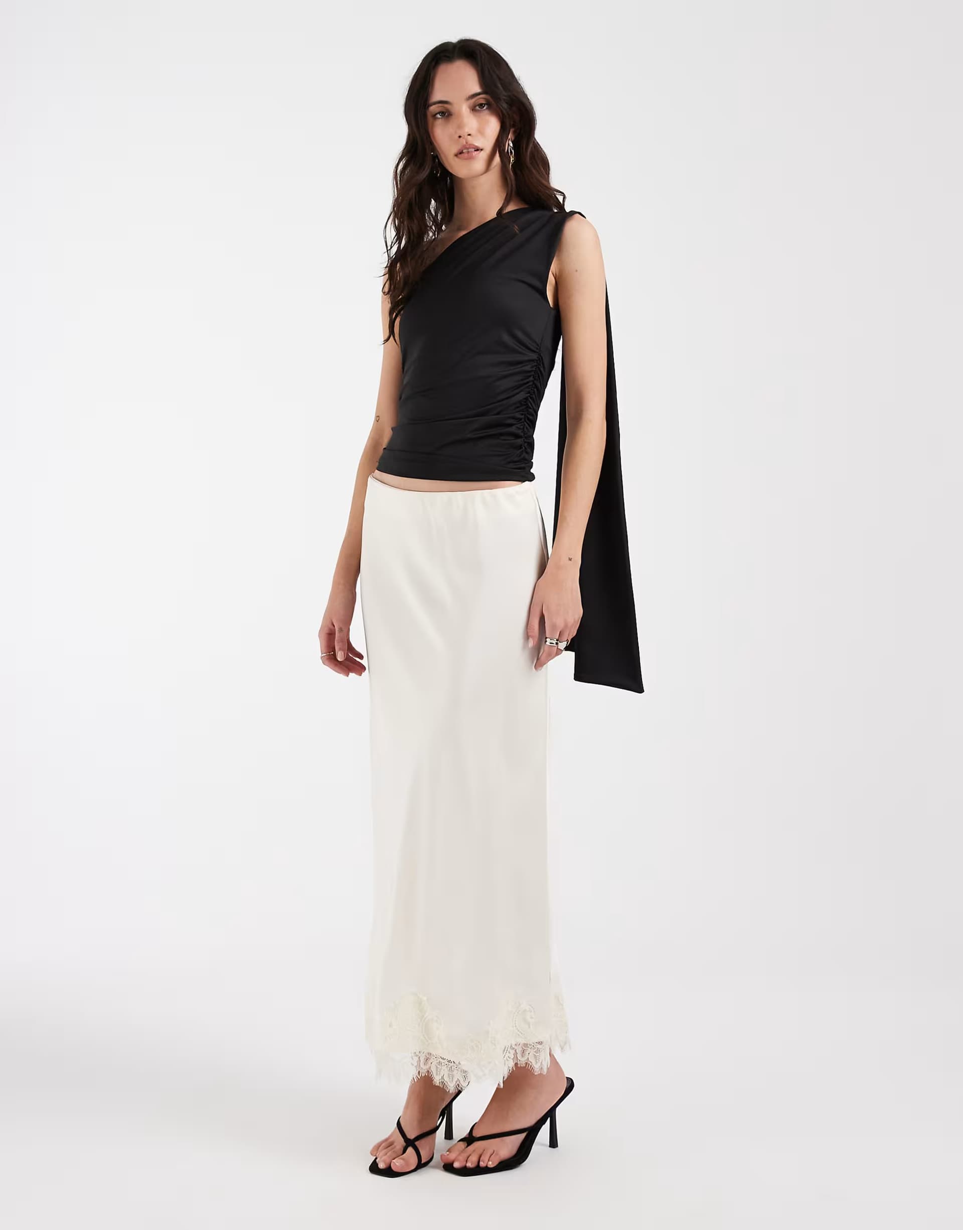 ASOS Object satin maxi skirt with lace trim in white
