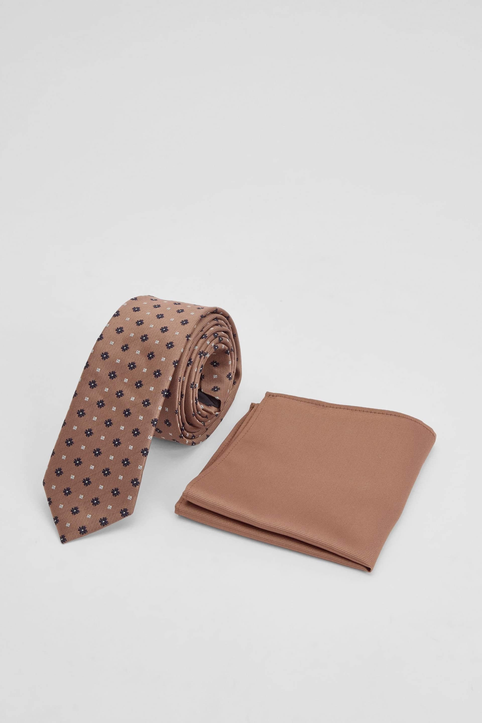 Burton Burton Men's Light Brown Foulard Tie & Plain Pocket Square