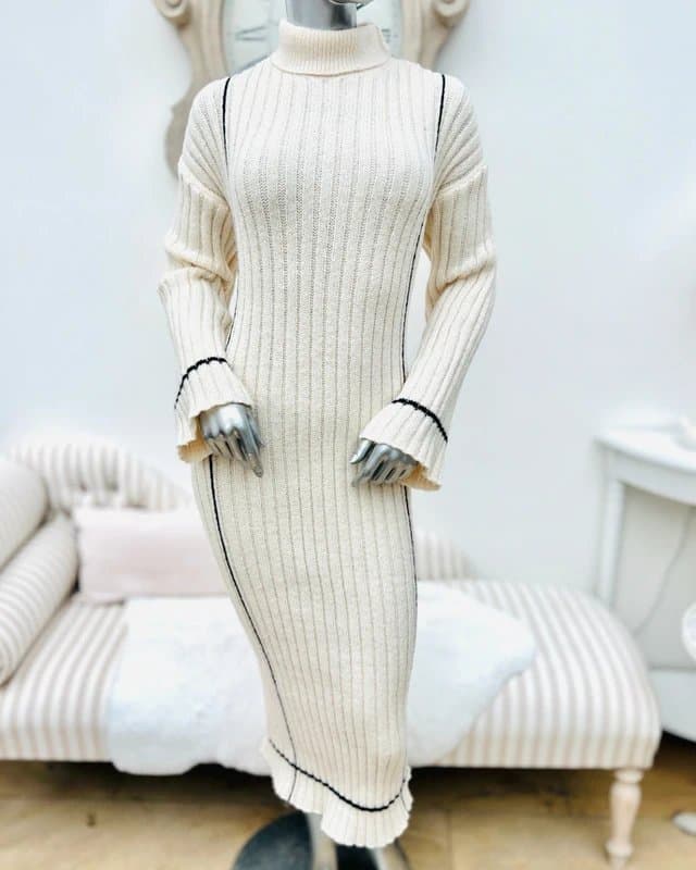 YAS YAS Millie cream cheese and black roll neck midi jumper dress - Fit 14