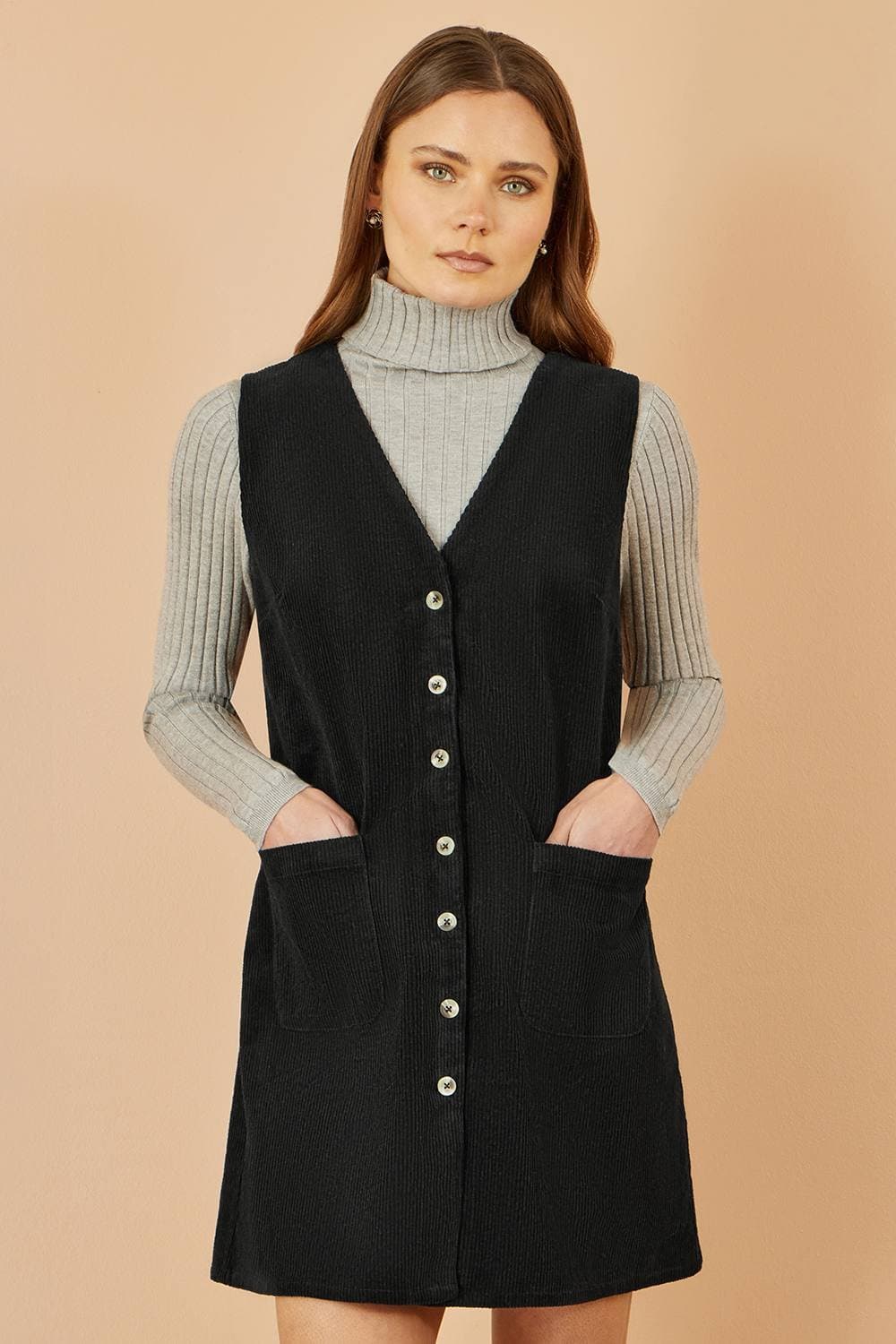 Yumi Yumi Women's Black Cord Button Through Pinafore Dress With Pockets