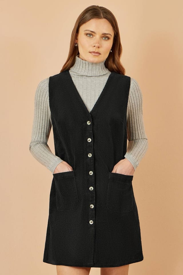 Yumi Yumi Women's Black Cord Button Through Pinafore Dress With Pockets - 2